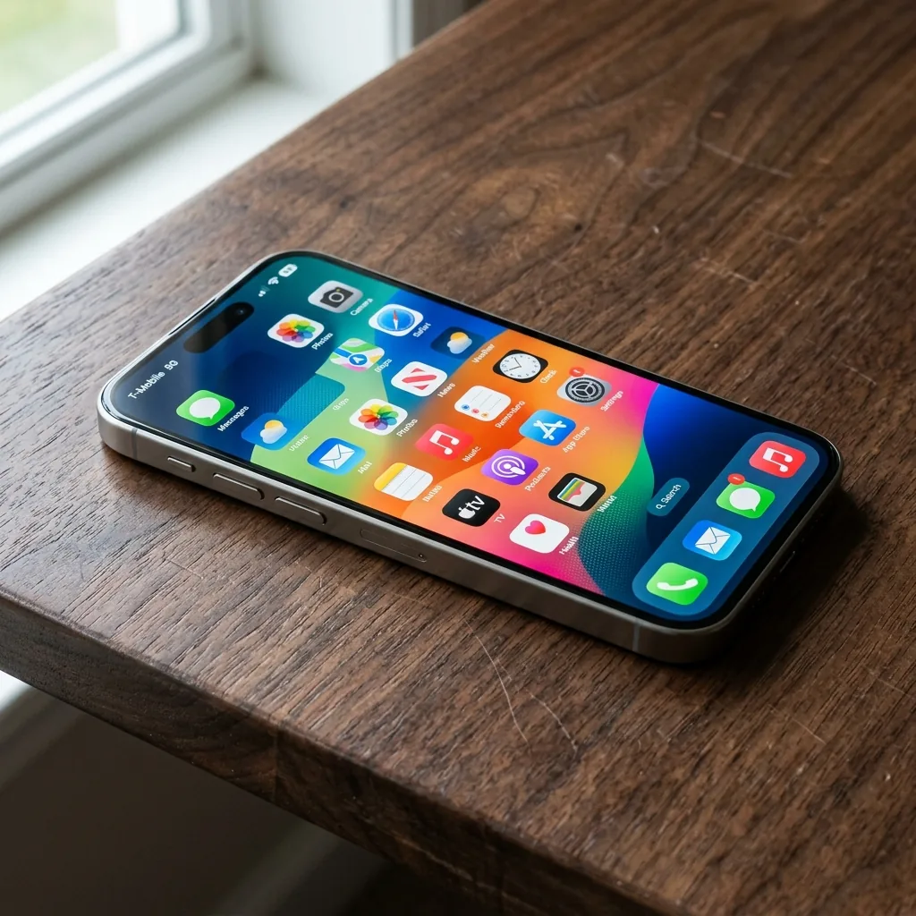 O mesmo iPhone 15 Pro sobre a mesa com a tela de vidro totalmente consertada, ligada e funcionando
